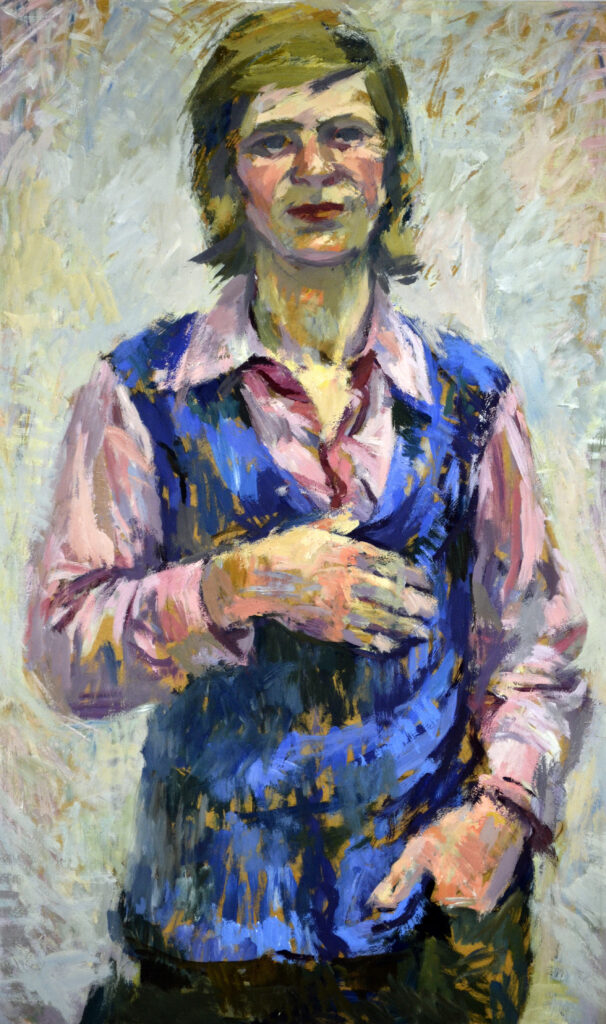Skizzenhaftes Portraitgemälde eines jungen Mannes mit rosanem Hemd und blauer Weste
