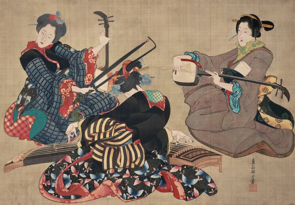 Three Women Playing Musical Instruments Sankyoku gassô zu 三曲合奏図Katsushika Ôi (Japanese, active about 1818–after 1854)